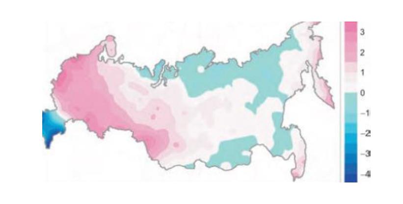 Изменение числа переходов средней суточной температуры воздуха через 0 °C, ожидаемое к середине XXI века Изменение числа переходов средней суточной температуры воздуха через 0 °C, ожидаемое к середине XXI века